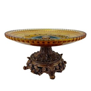 Centro de Mesa em Cristal Azul e Dourado e Base em Bronze para Frutas Doces e Sobremesa - 10x20cm