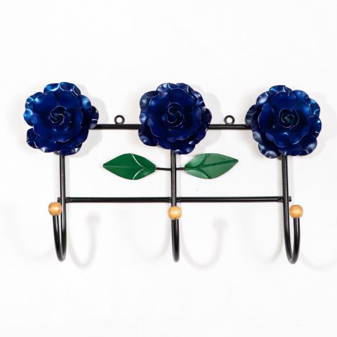 Cabideiro de Parede Suporte Artesanal 3 Ganchos Flor Azul