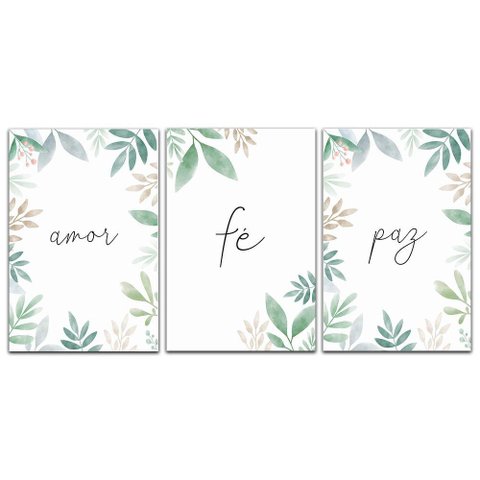 Kit Placas Quadros 3 Peças Mdf 20x30 Amor Fé e Paz 