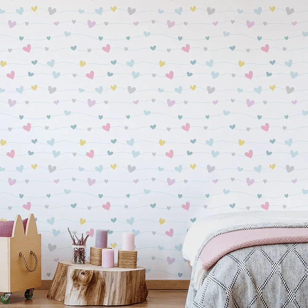 Papel de Parede Adesivo Varal de Corações Coloridos Lavável Fosco 10m