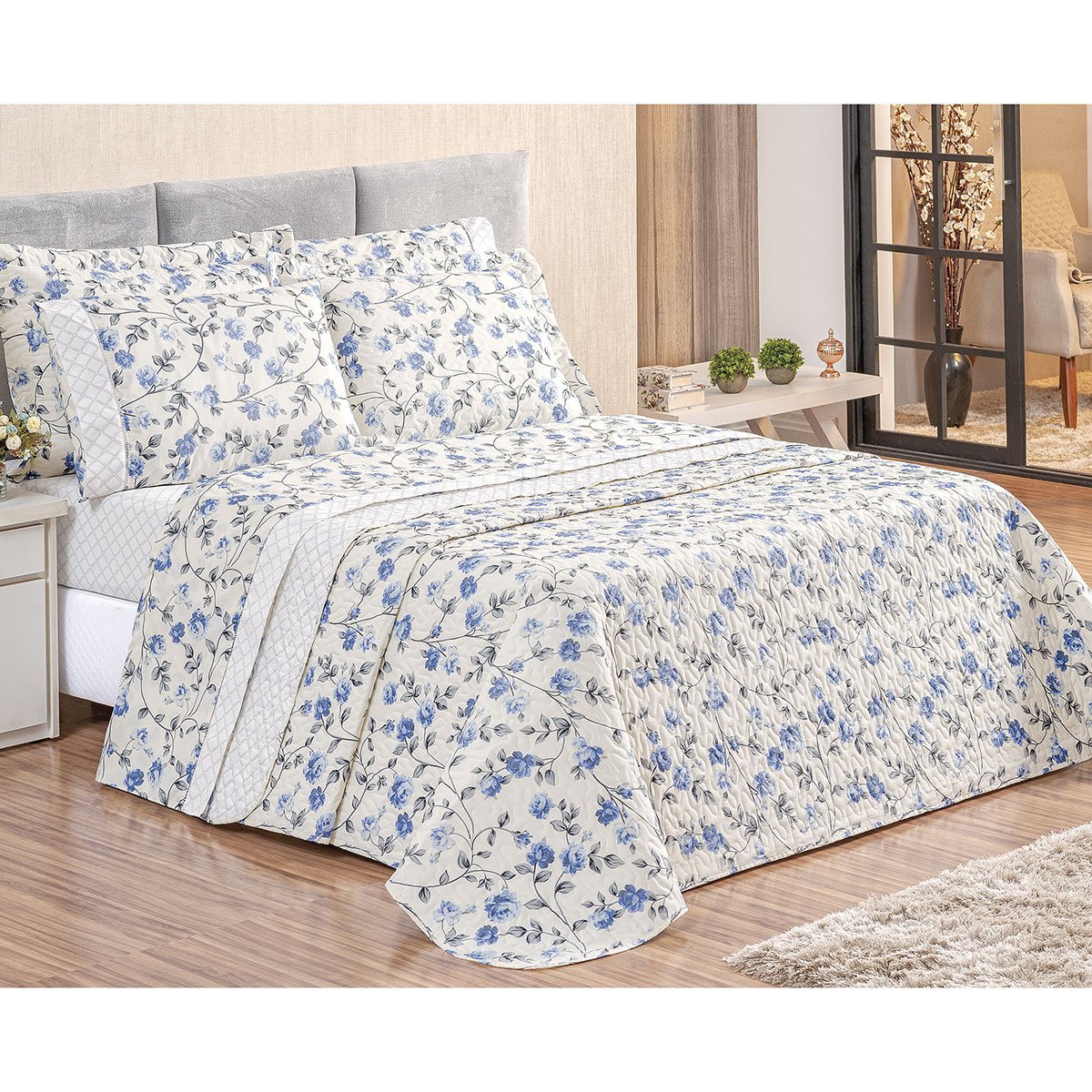 Jogo Cobre Leito Super King Floral Palha + Jogo de Cama Floral 7 Peças