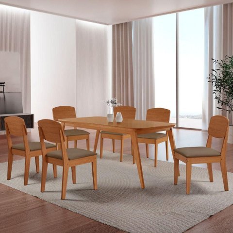Mesa de Jantar Copper 180cm Tampo Mdf 6 Cadeiras Moderna Veludo Capuccino/naturalle/naturalle
