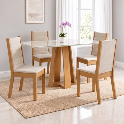 Conjunto Sala de Jantar Mesa Lisa 120cm Tampo MDF Vidro Canto Reto 4 Cadeiras Evelin