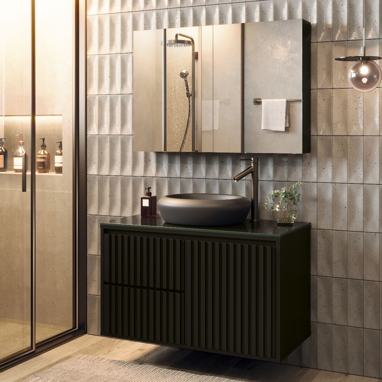 Conjunto para Banheiro Ripado 80 com cuba e Espelheira