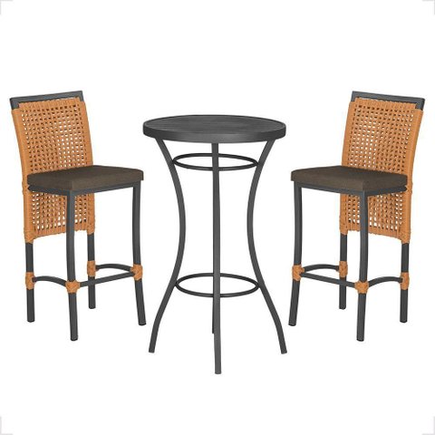 Mesa Bistrô e 2 Banquetas Roma Preta Corda Estofado 9 Trama Terra Cota