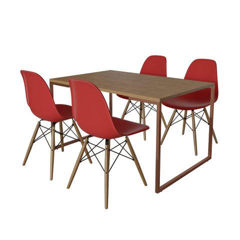 Mesa Industrial Base Ferro Cobre Tampo 137x90 Amêndoa 4 Cadeiras Eames Madeira Assento Vermelho