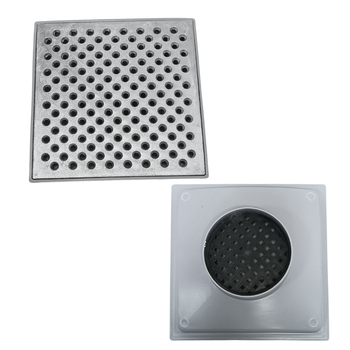 Ralo Pluvial 20x20 Alumínio Perfurado Bolinha Coletor Cinza Saída Baixa para Tubo de 100mm - 1