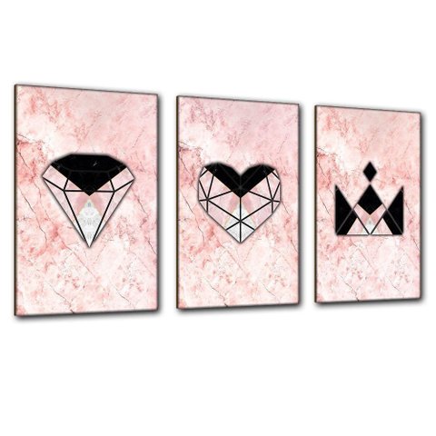 Kit Placas Quadros Decorativos 3 Pçs Mdf 20x30 Rosa Formas 