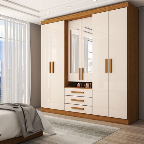 Guarda-roupa Casal Real 6 Portas 3 Gavetas com Espelho 100% Mdf Cinamomo/off White - Panorama Móveis