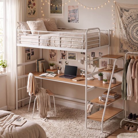 Cama Alta com Escrivaninha Multifuncional em Aço Carbono Tubular Teko Casatema MadeiraOriginals Branco/Fosco/Álamo