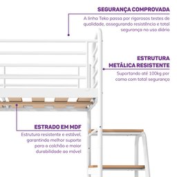 Cama Alta com Escrivaninha Multifuncional em Ferro Aço Carbono Tubular Teko Casatema - 4