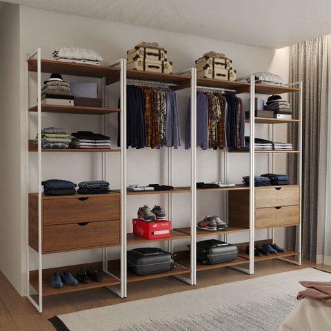 Closet Industrial Casal Completo Loft Amêndoa 4 Módulos Cabideiro com Gavetas Ferro Branco