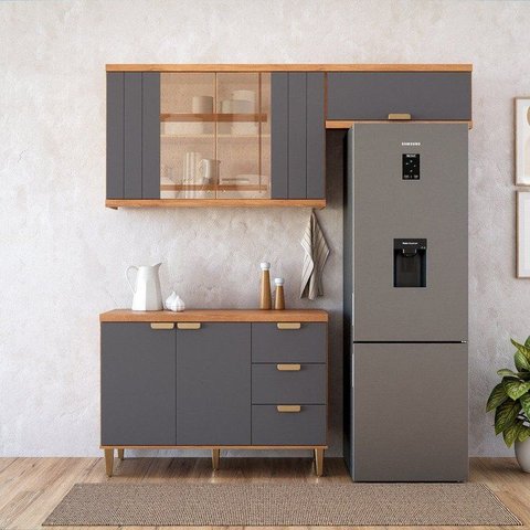 Cozinha Modulada 3 Peças com 1 Balcão e 2 Armários Aéreo Elena Cinamomo/Titanium