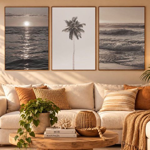 Quadros Decorativos Mar Praia Sol - Sépia Moldura Filete:Moldura Ypê/60x90