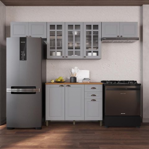 Armário de Cozinha Modulada Compacta Fidelitá Nara 100% MDF 4 Peças 280cm 10 Portas 2 Gavetas com