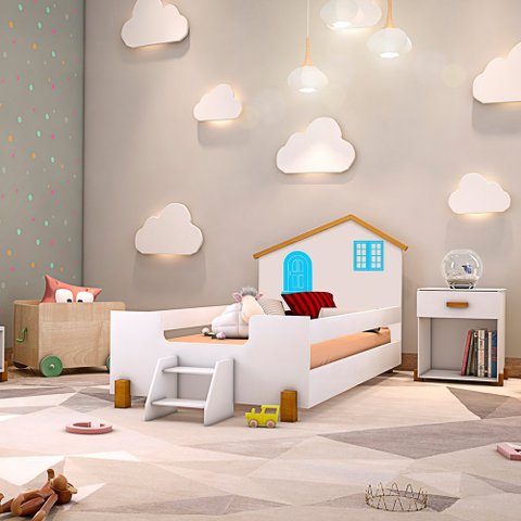Cama Infantil Solteiro Belissima Azul - Branco e Mel