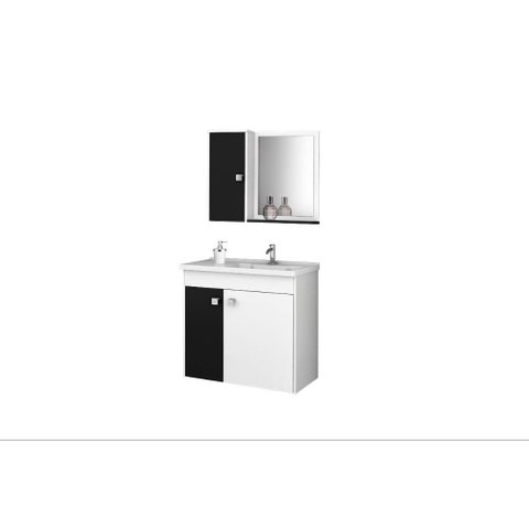 Conj Gabinete e Espelheira Munique P/ Banheiro Branco/preto Fosco