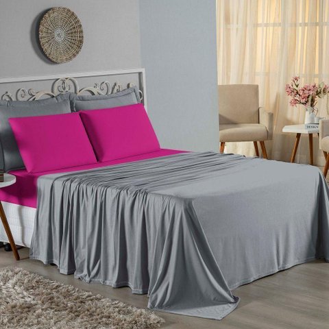 Jogo Cama Casal Nobre 4 Peças Lençol Elástico 30cm Altura 100% Algodão Cinza Pink