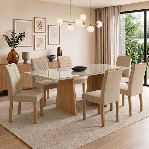 Conjunto Sala de Jantar 6 Lugares Retangular Tampo Vidro MDF 160x80cm Mesa Lyra e Cadeiras Carol
