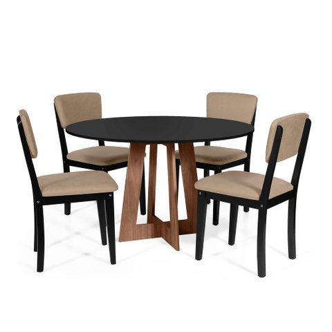 Mesa de Jantar Redonda Montreal Pret/nor com 4 Cadeiras Estofadas Ella Preto/marrom Claro
