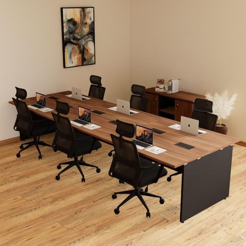 Mesa Escritório Estação 6 Lugares 3,60 M Pé Painel Nog Pr F5 Cor:nogal com Preto