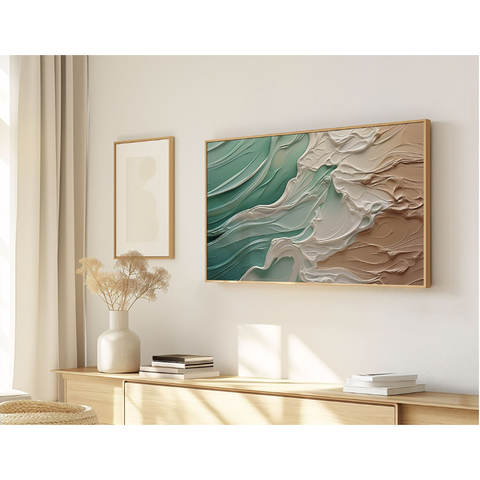 Quadro Decorativo N°195 105x60cm - Panorâmico - Mar - Ondas Verde e Bege - Madeira Clara - Rollflex