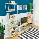 Ver imagem 2 de Kit Sala de TV de Ferro e Madeira Industrial Pequeno e Duas Estantes Torre Slim Natural e Branco