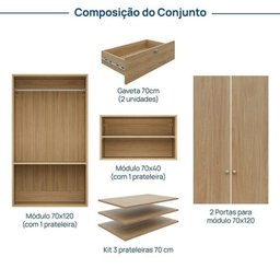 Guarda-Roupa 2 Módulos 2 Portas 3 Prateleiras 2 Gavetas Frame CabeCasa MadeiraMadeira - 4