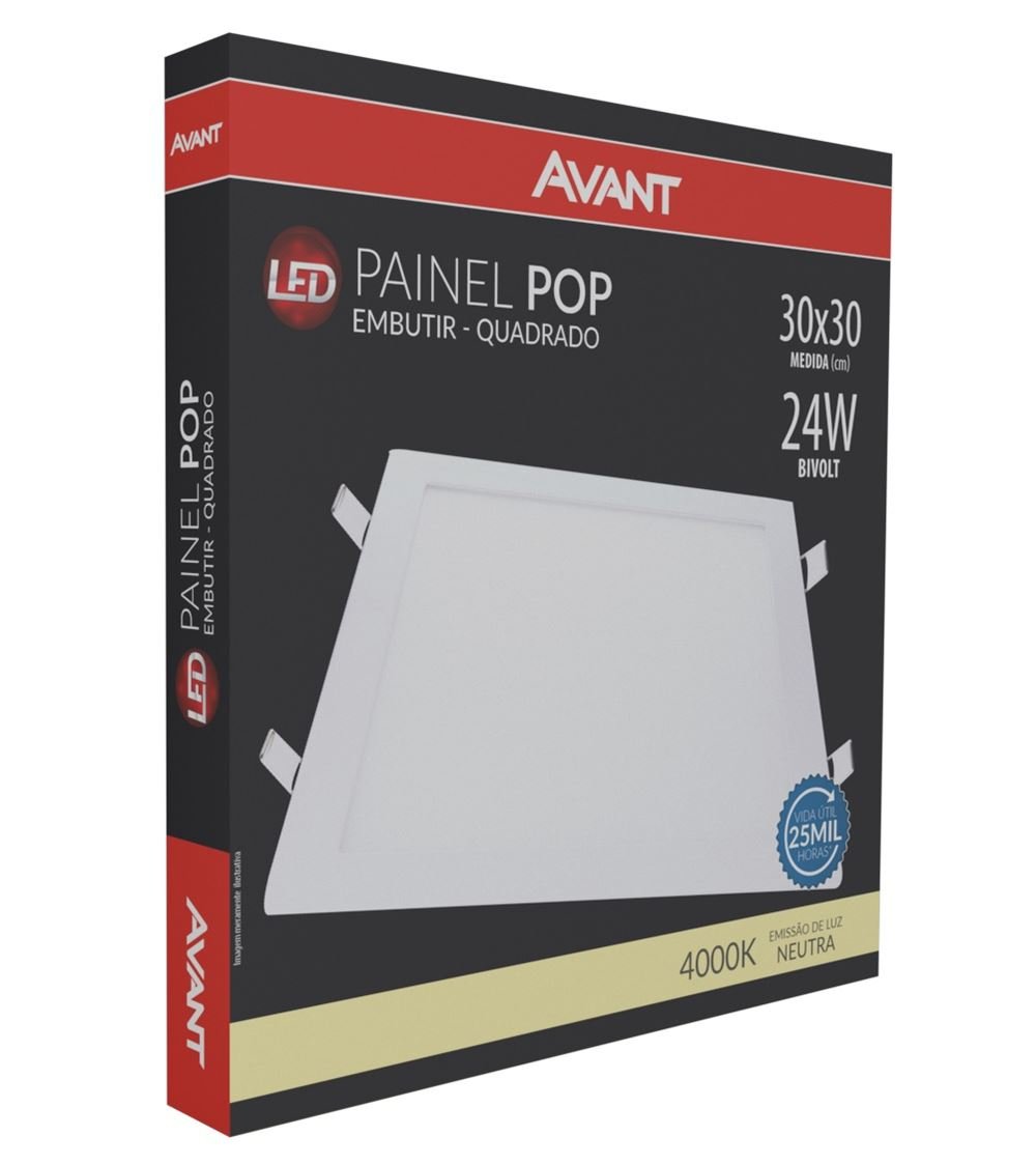 Painel Pop Embutir Quadrado Avant - 30x30 - 24w - 4000k Luz Neutra - 4