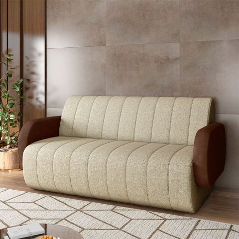 Sofá Decorativo Living Sala de Estar Bornéu 148cm Pés de Madeira Pu/linho Marrom/bege G33 - Gran Bel