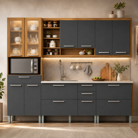 Cinza  Cozinha Modulada MDF com Portas de Vidro Burguesa Marrom/Freijó/Cinza - Nesher