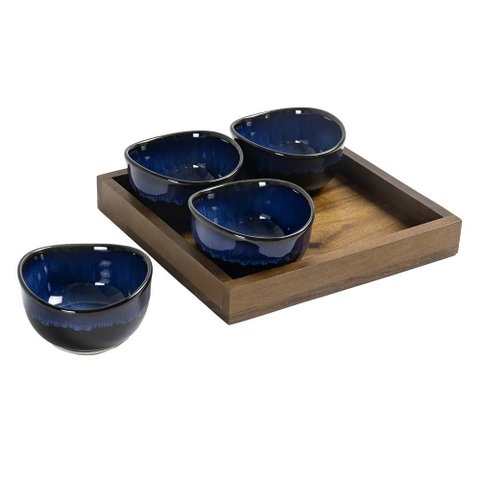 Petisqueira de Madeira com 4 Bowls de Cerâmica Azul Un0048 Btc