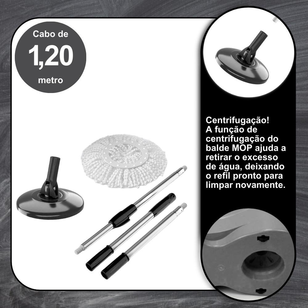 Balde Mop Esfregão Giratório 360 Limpeza Cesto Inox C/ Refil - 4