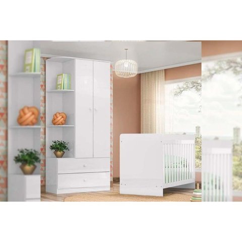 Quarto Infantil Completo Labirinto 2 Peças (1 Guarda Roupa + 1 Berço) Qi97 Branco - Henn