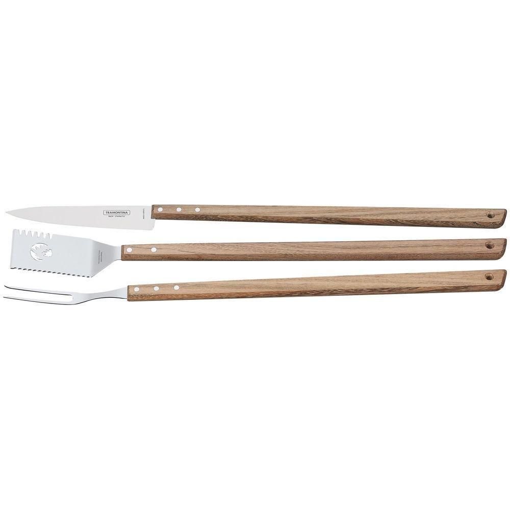 Jogo Trinchante para Churrasco Tramontina em Aço Inox e Madeira 3 Peças - com Faca 8" Tramontina - 1