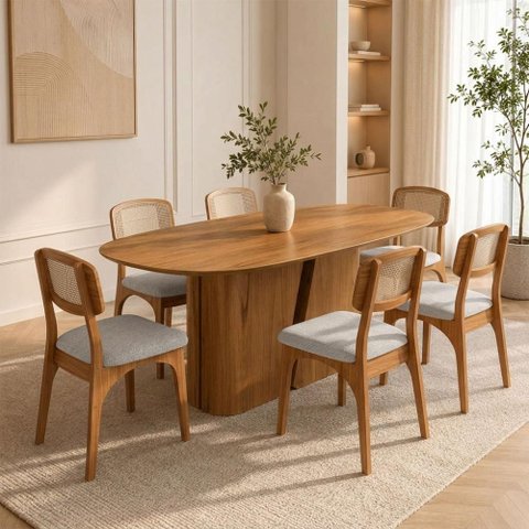 Mesa Jantar 2m Tampo Barril e 6 Cadeiras Tela Palha e Tweed Claro 100% MDF Casa Lar Cor:Cinamomo e