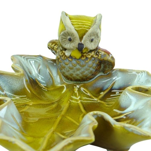 Saboneteira Folha com Coruja Amarela em Cerâmica - 13x12,5 cm - 1