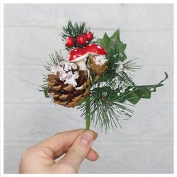 Kit 12 Ramos Cogumelo Decoração Natal Artificial com Detalhes Branco 17cm - 2