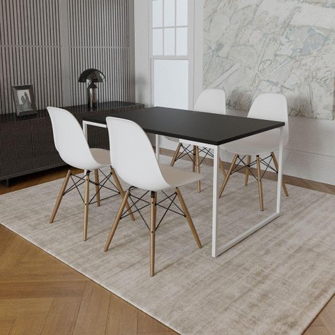 Mesa Industrial Base Ferro Branco Tampo 137X90 Preto 4 Cadeiras Madeira Assento Branco Preto
