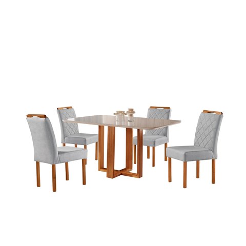 Conjunto Sala de Jantar 4 Lugares Londres Mesa e Cadeiras Madeira Maciça e Tecido Linho Prata