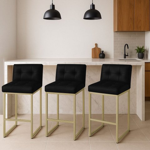 Banqueta Cozinha Alta com Encosto Industrial Kit 3 Champanhe Lirina Pu C05 - D’Rossi
