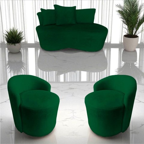 Kit Namoradeira + 2 Poltronas Yara Orgânica Bouclé Verde