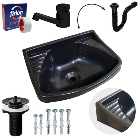 Pia Lavatório Plástico 4,8l Preta + Sifão Sanfonado Universal 61cm Preto + Torneira Preta + Engate P