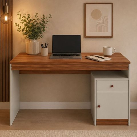 Mesa de Estudo Escrivaninha Ripada MDF Focus Belaris Móveis:Naturalle Off White