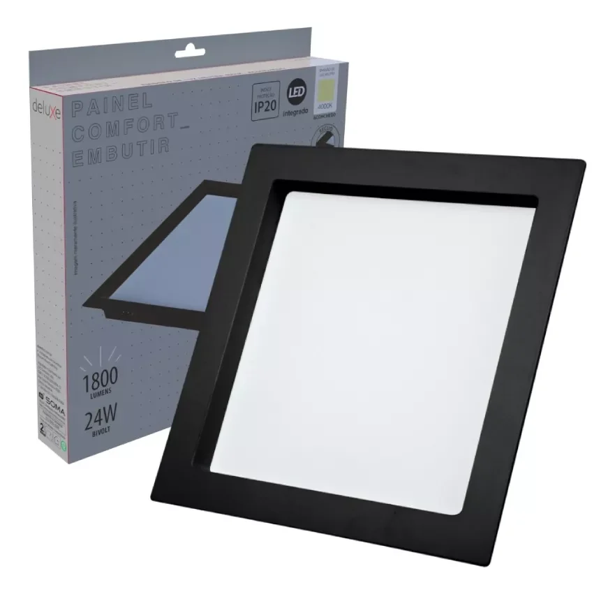 Luminária de Teto Plafon Embutir Recuado Quadrado 24w Preto Fosco Luz Neutra 4000k Avant - 1