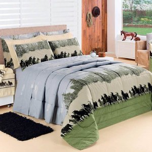 Kit Cobre Leito Colcha Encatare Queen 3 Peças Percal 200 Fios 100% Algodão - Texas Cavalo
