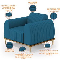 Poltrona Decorativa Base De Madeira Com Pés D'Ouro Molino D02 Veludo Azul Turquesa C-66 - Lyam - 4