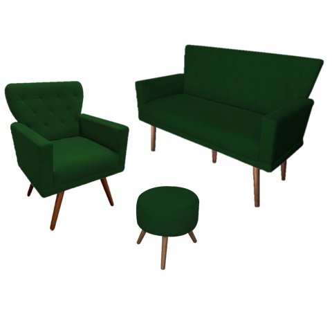 Kit Namoradeira + 1 Poltrona Decorativa Aurora + Puff Redondo Suede Verde Pés Madeira Ms Decor