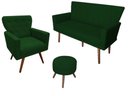 Ver imagem 1 de Kit Namoradeira + 1 Poltrona Decorativa Aurora + Puff Redondo Suede Verde Pés Madeira Ms Decor
