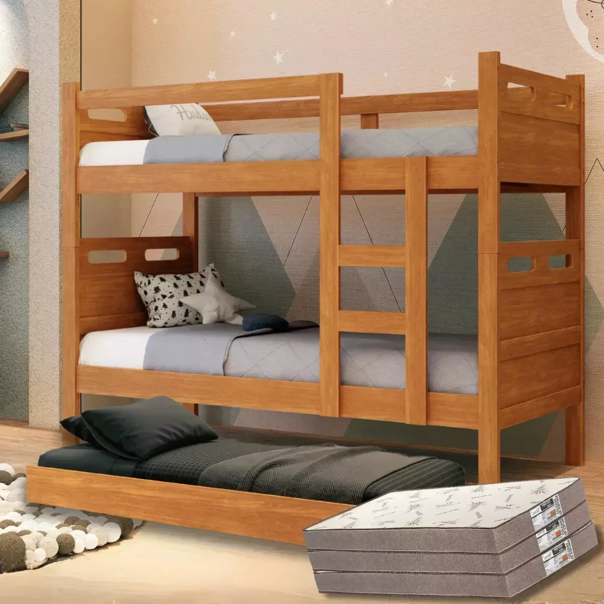 Ver imagem 1 de Beliche Jaspe com Cama Auxiliar 03 Colchões D33 Cor:nature